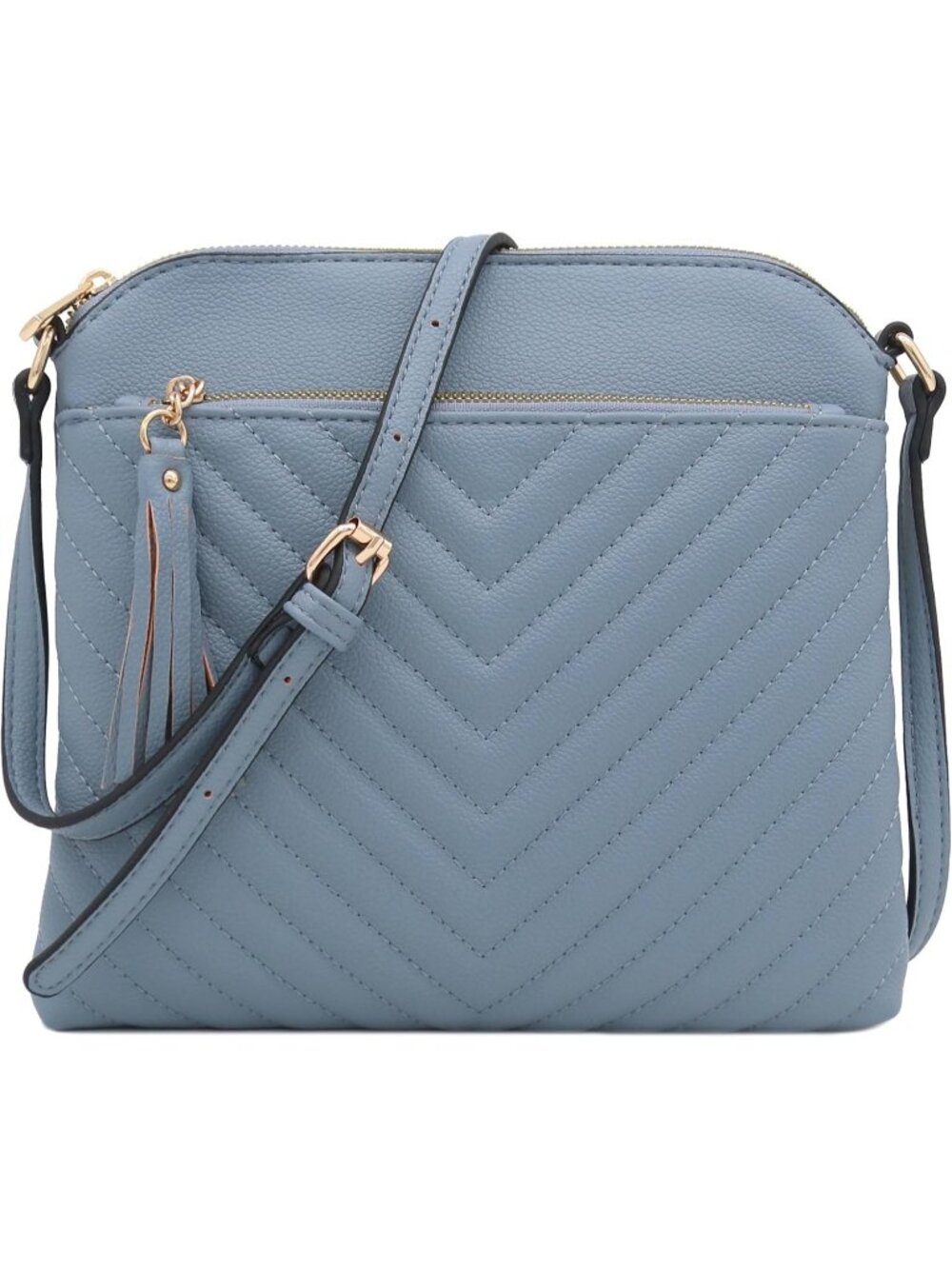 Women's Blue Grey Chevron Quilted Medium Tassel Accent Shoulder Crossbody Bag